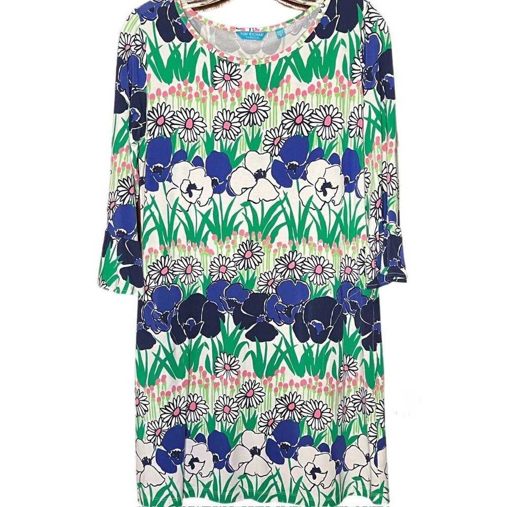 TORI RICHARD GREEN BLUE PINK WHITE FLORAL STRETCH DRESS SIZE S COPYRIGHTED PRINT